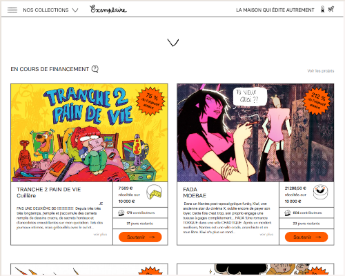 Capture d'écran du site web des éditions Exemplaires. On y voit divers cases de bd avec des paliers de préventes